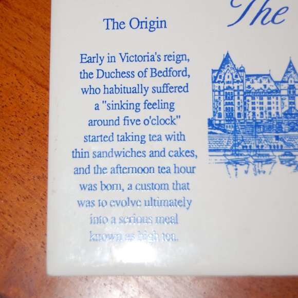 Collectable Vintage Ceramic Tile - "The Origin of Afternoon Tea"  Blue/White 6x6 - Picture 8 of 11